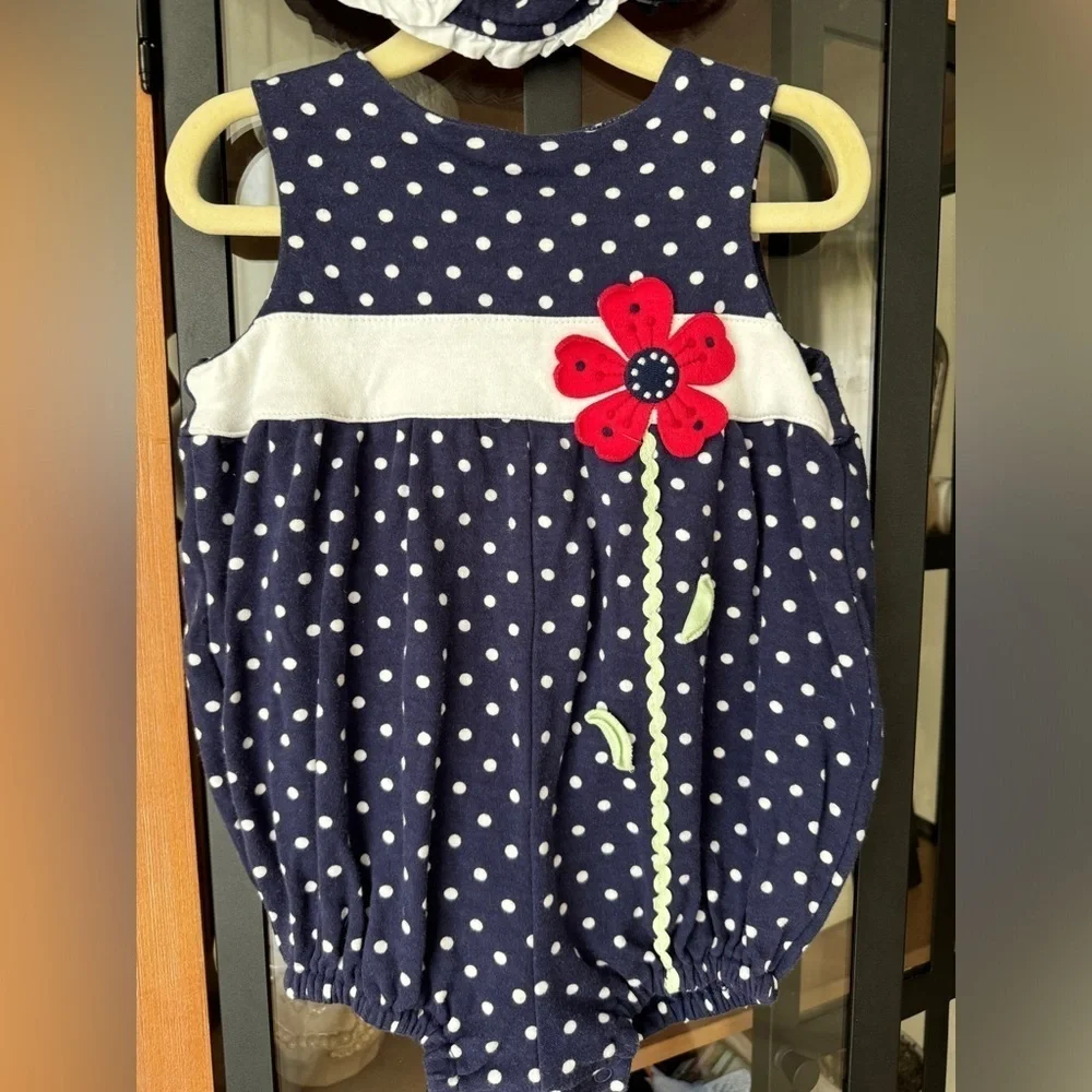 Hartstrings polka dots appliqué bubble romper hat set navy baby girl toddler VTG